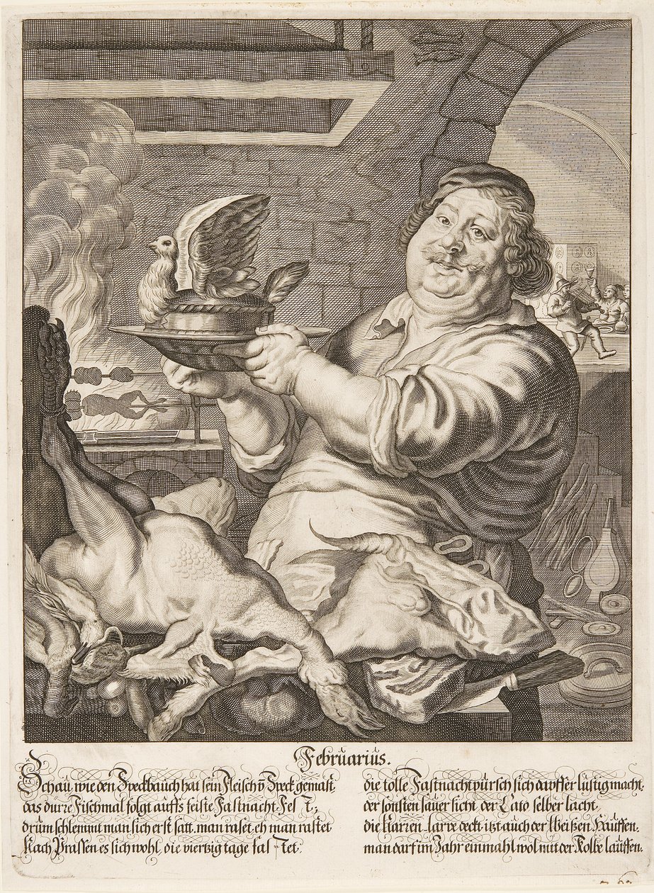 Kupferstich Februarius aus der Serie Die zwölf Monate des Jahres von Abraham Aubry von Abraham Aubry