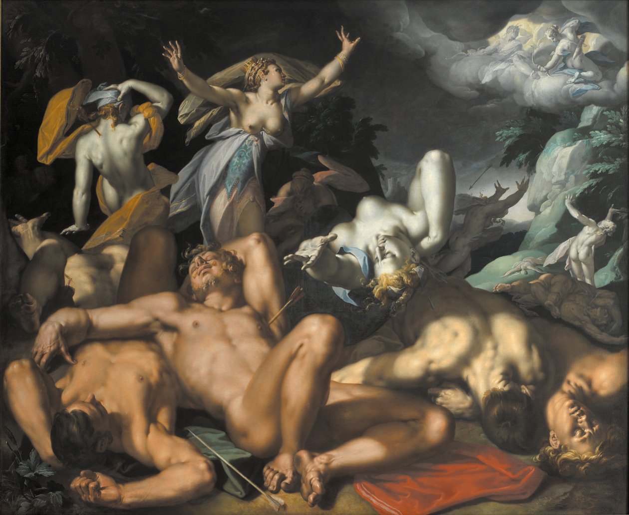 Apollo und Diana bestrafen Niobe, indem sie ihre Kinder töten von Abraham Bloemaert