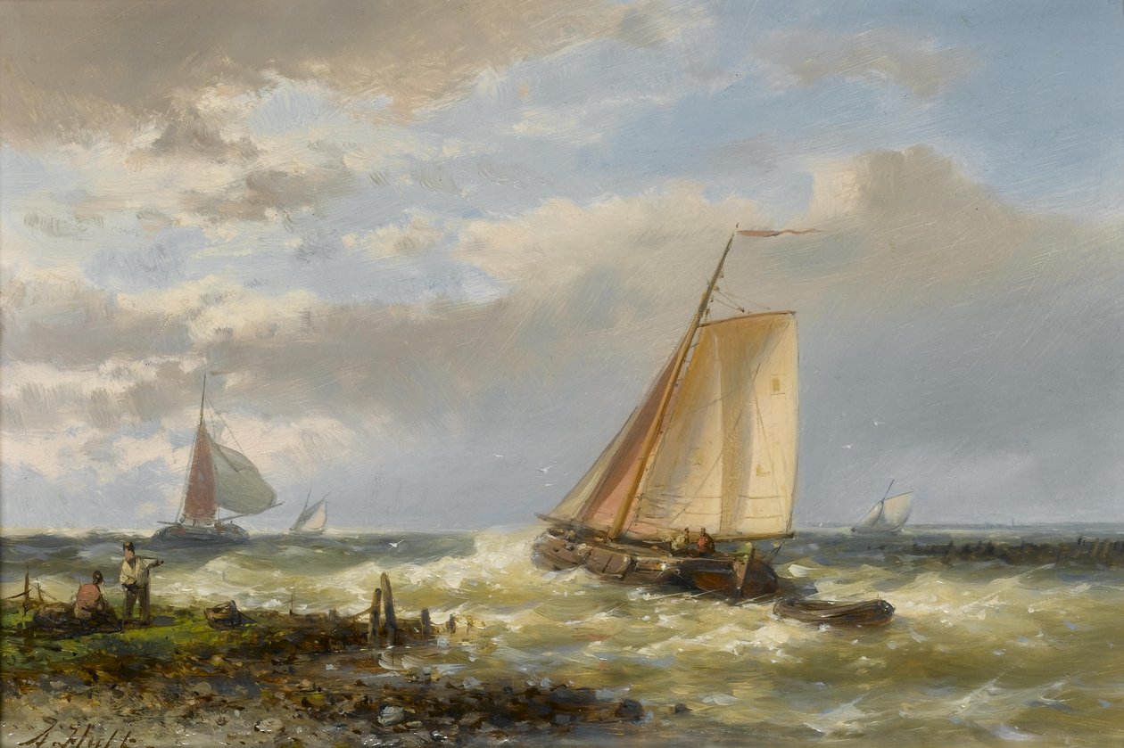 Fischerboote laufen gegen die Flut aus dem Hafen aus von Abraham Hulk