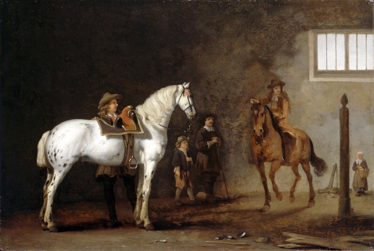 Weißes Pferd in einer Reitschule von Abraham van Calraet