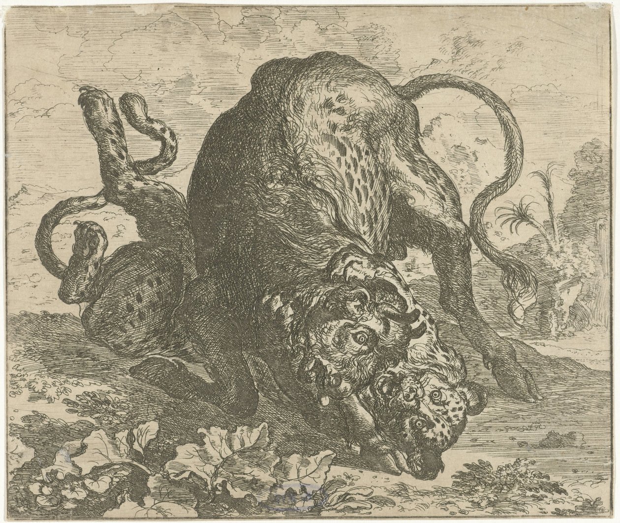 Leopard und Stier von Abraham Danielsz. Hondius