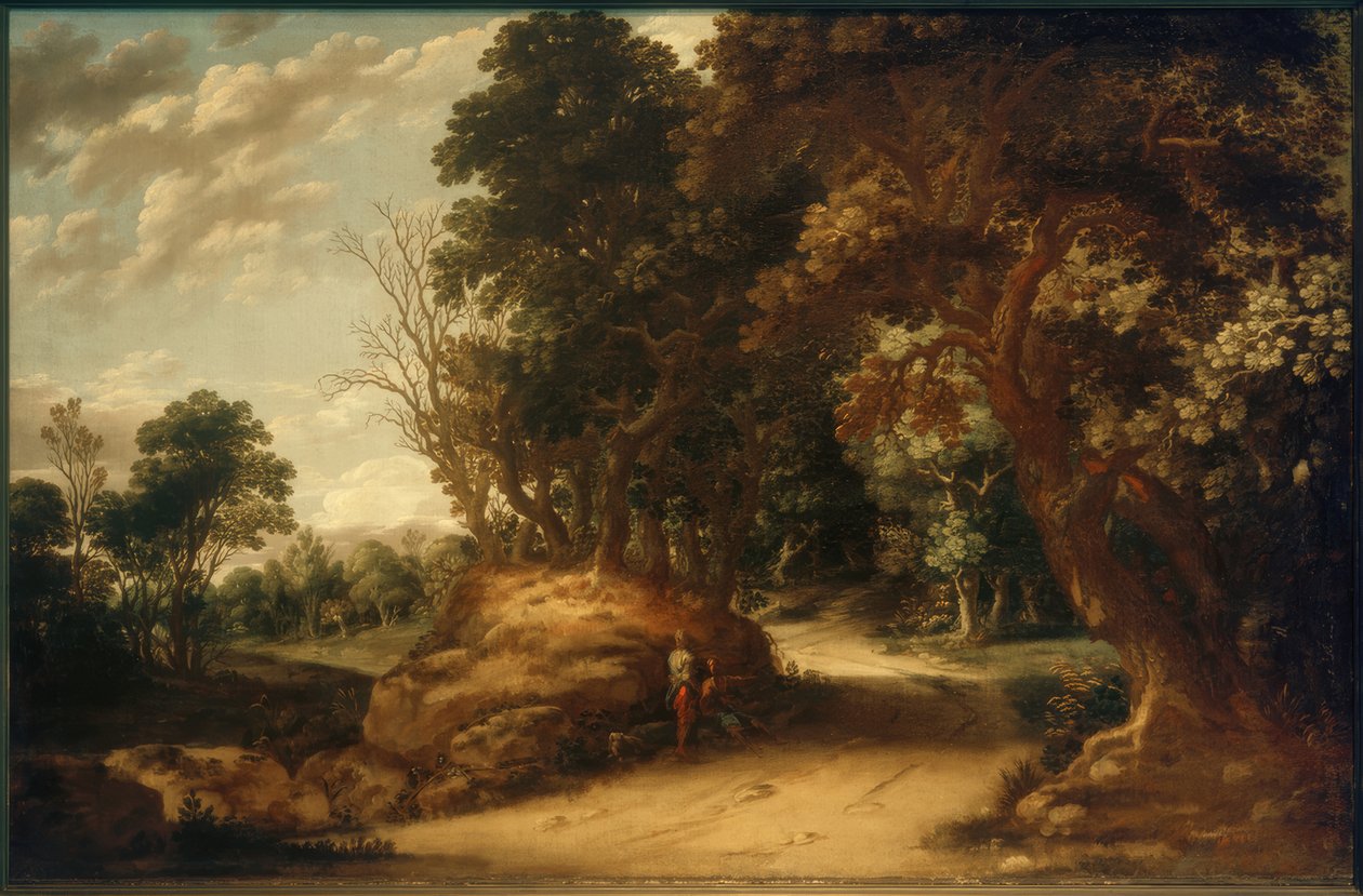 Bewaldete Landschaft mit rastenden Wanderern von Abraham van den Rande