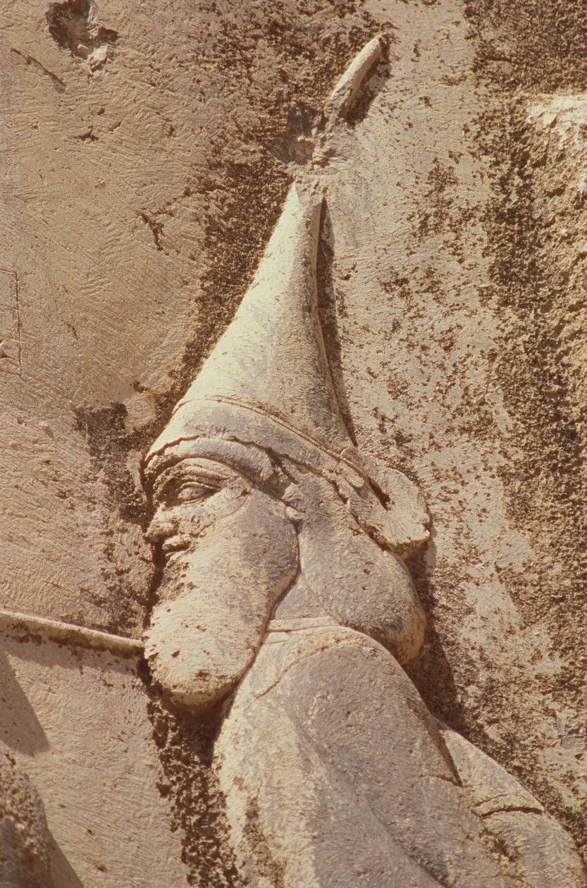 Skunkha, der rebellische König, trägt einen skythischen Hut, Detail vom Denkmal des Darius, 521-19 v. Chr. von Achaemenid