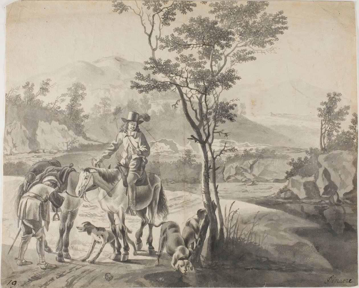 Reiter und Hunde in felsiger Landschaft von Adam Pynacker