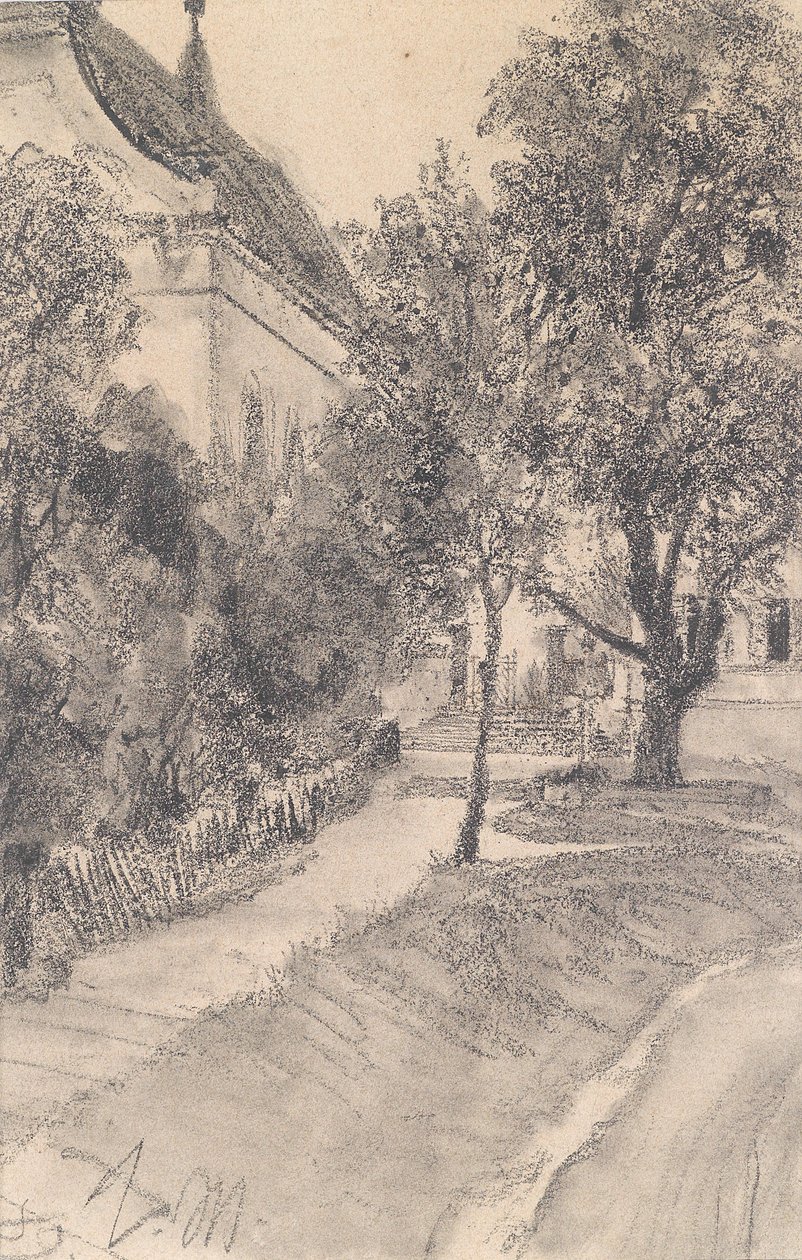 Spazierweg zu einem Haus entlang eines Baches von Adolph Menzel