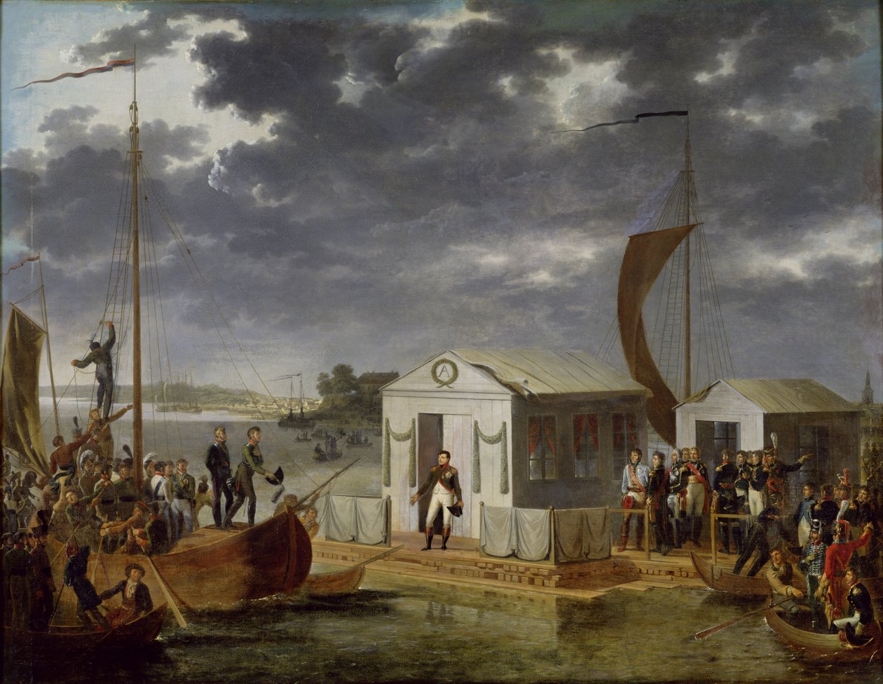 Treffen zwischen Napoleon Bonaparte (1769-1821) und Alexander I. (1777-1825) von Russland am Niemen, 25. Juni 1807, 1808 von Adolphe Roehn