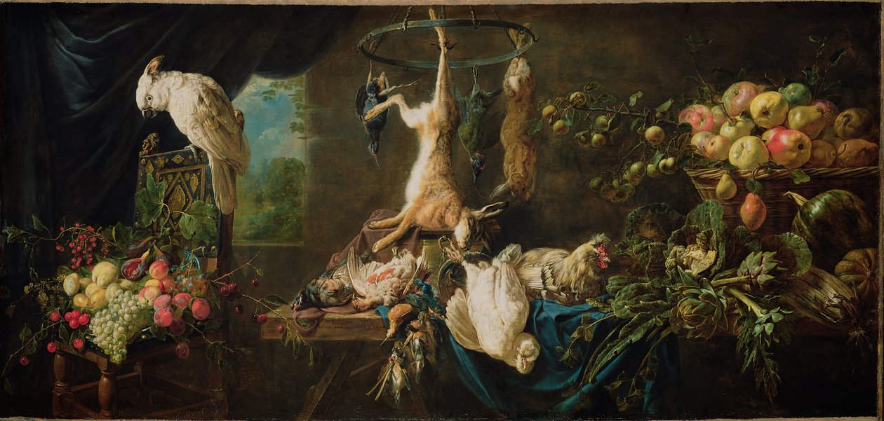 Stillleben: Wild, Gemüse, Obst, Kakadu von Adriaen van Utrecht