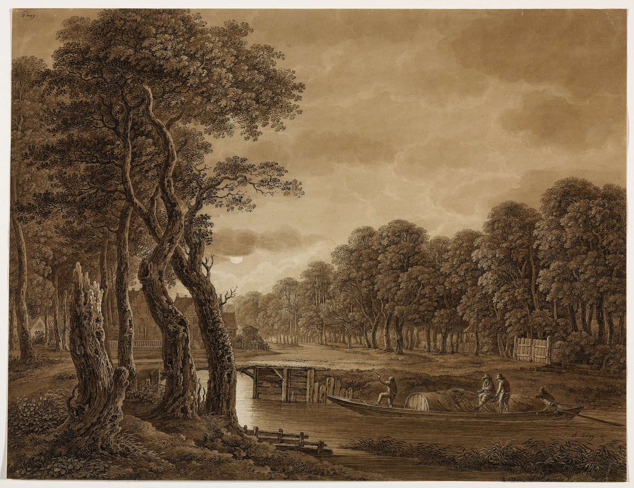 Mondscheinlandschaft mit Frachtschiff von Adrian Zingg