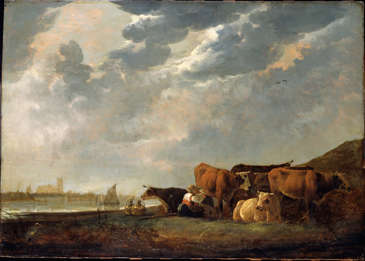 Vieh in der Nähe der Maas, mit Dordrecht in der Ferne von Aelbert Cuyp