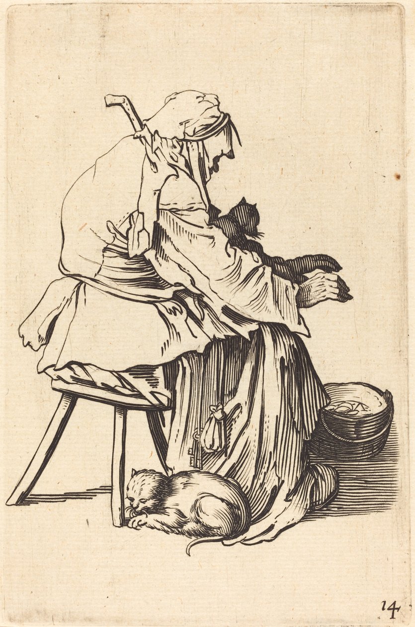 Alte Frau mit Katzen von After Jacques Callot