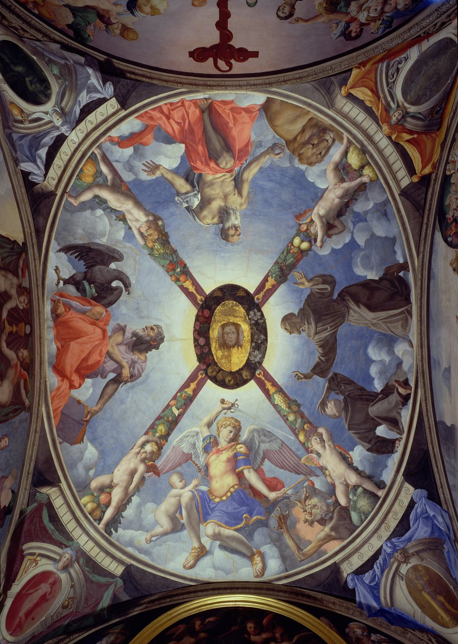Die Decke der Kapelle von Eleonora von Toledo, die den Erzengel Michael zeigt, wie er Satan besiegt; St. Johannes der Evangelist; St. Hieronymus; und St. Franziskus, der die Stigmata empfängt, 1555 von Agnolo Bronzino