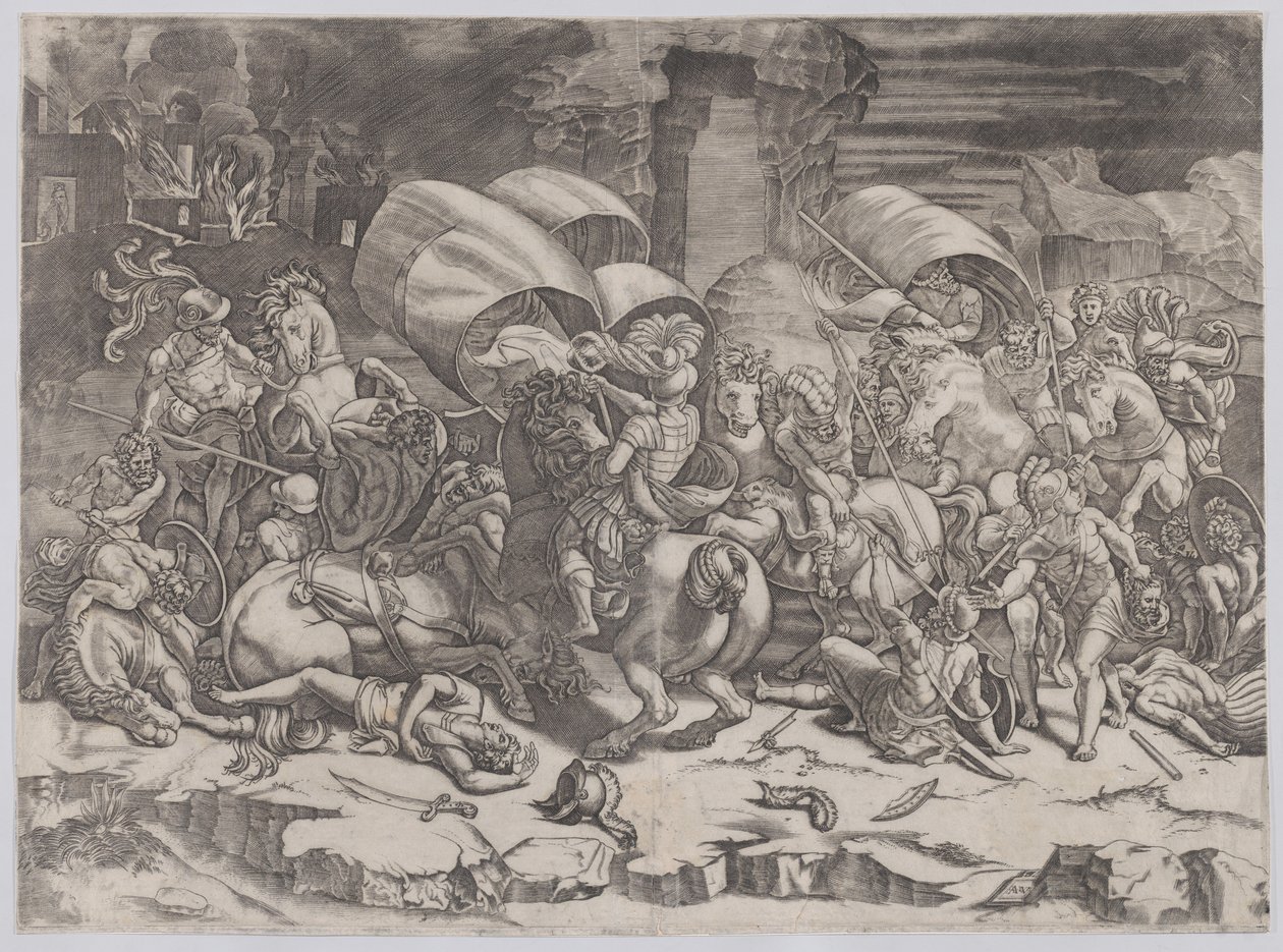 Kampf mit einem Krummsäbel, 1530-31 von Agostino Veneziano