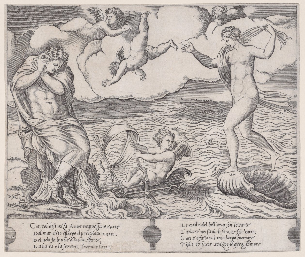 Eros im Meer, ca. 1514-36 von Agostino Veneziano