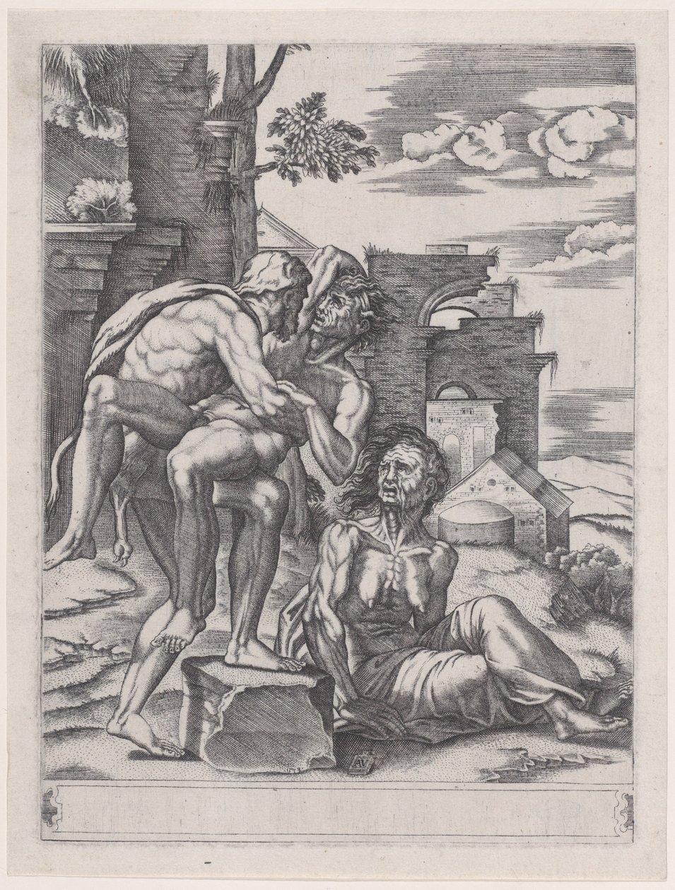 Herkules und Antäus, datiert 1533 von Agostino Veneziano