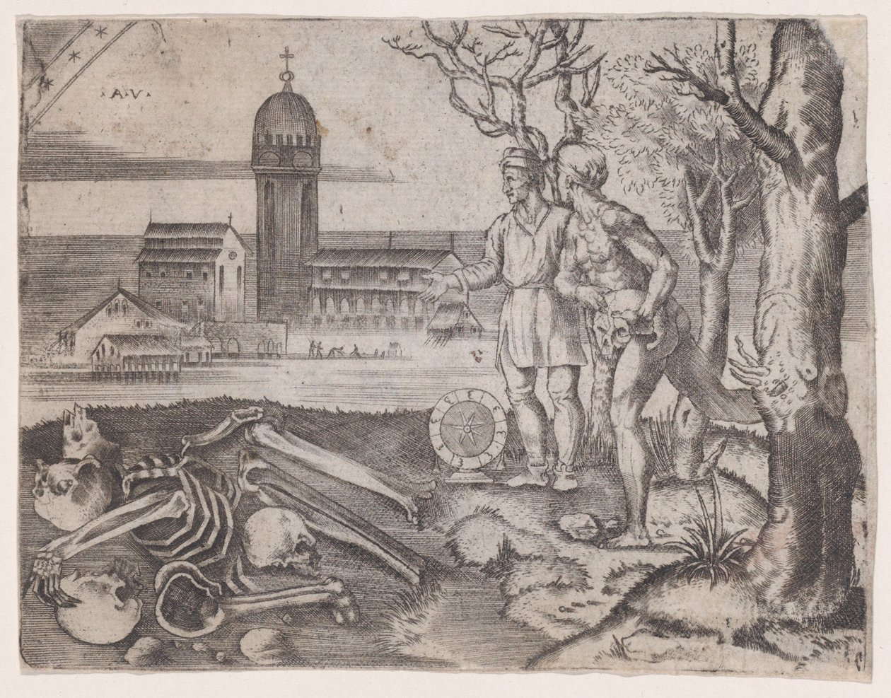 Zwei Männer auf einem Friedhof, ca. 1514-36 von Agostino Veneziano