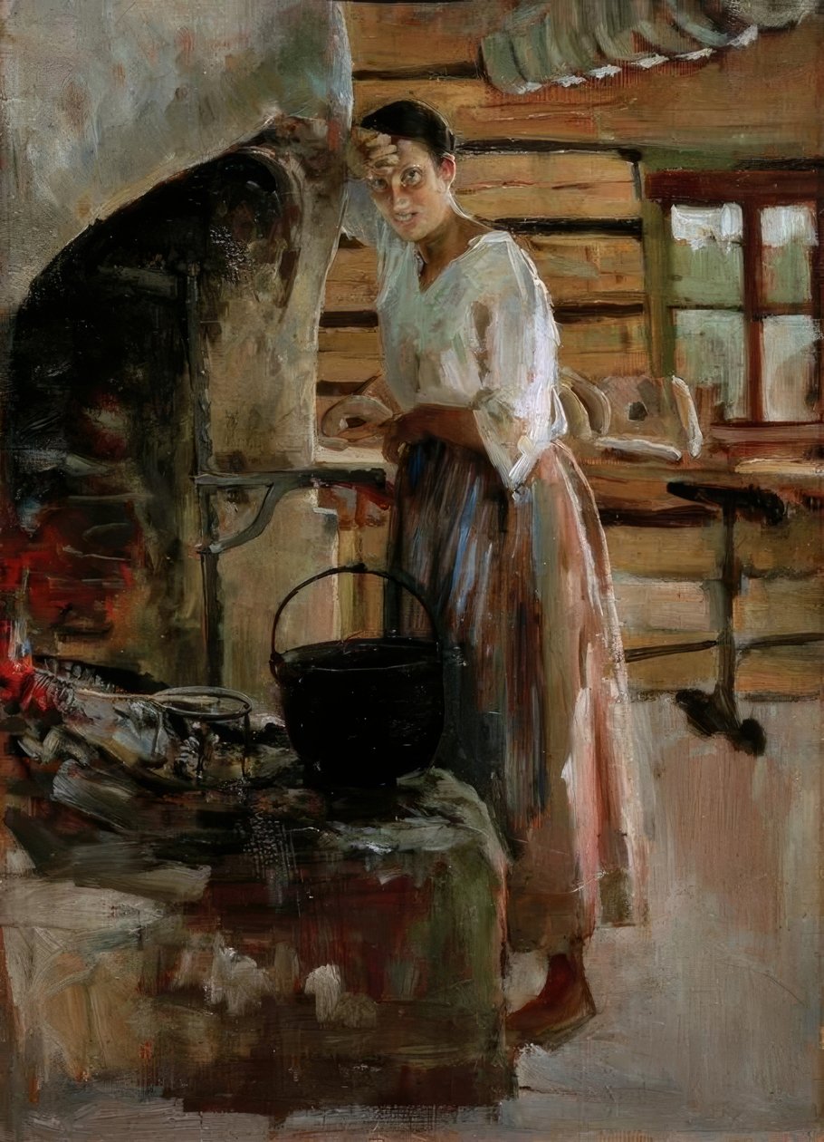 Frau kocht Maränen von Akseli Valdemar Gallen Kallela