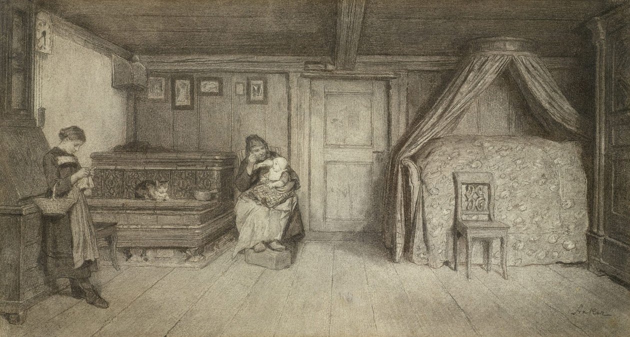 Familienszene in einem Interieur von Albert Anker