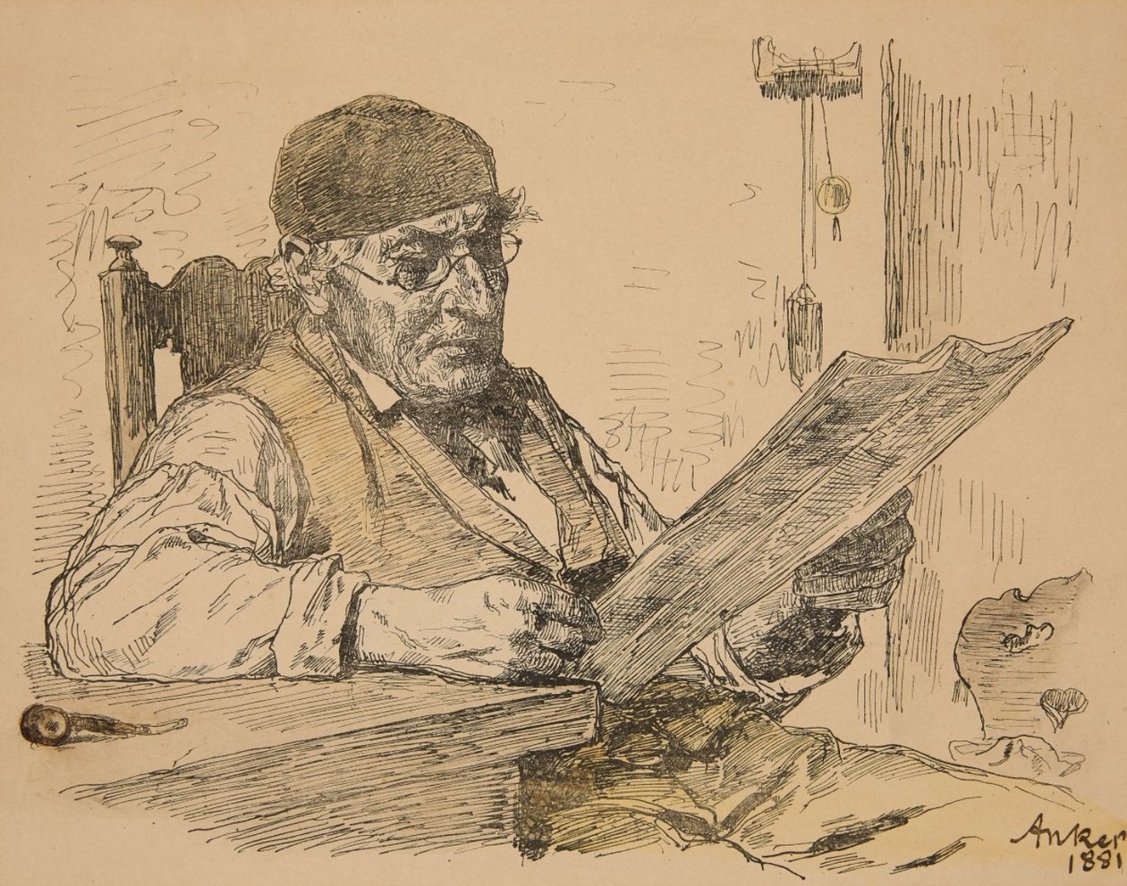 Zeitung lesender Bauer von Albert Anker