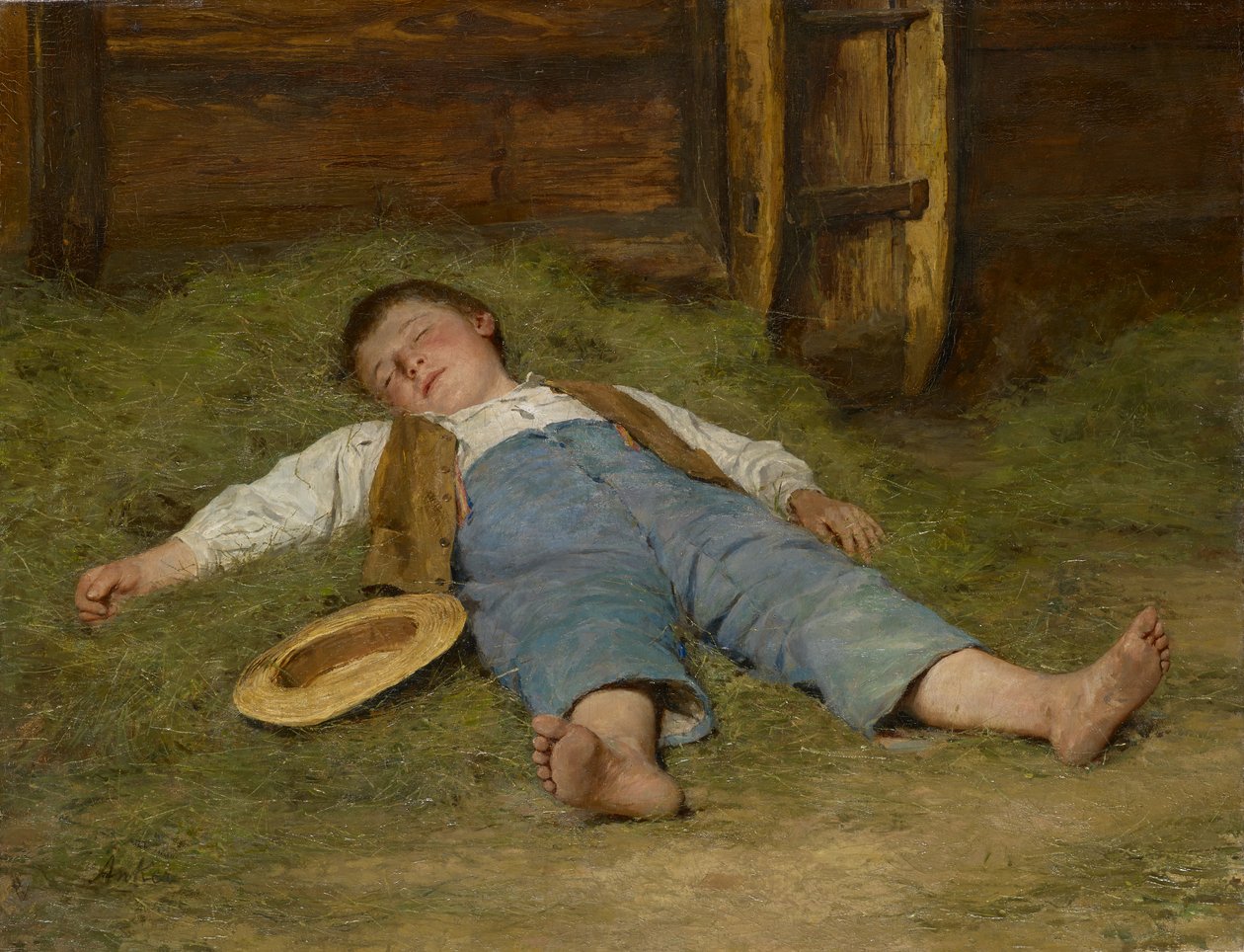 Schlafender Junge im Heu, 1891-97 von Albert Anker