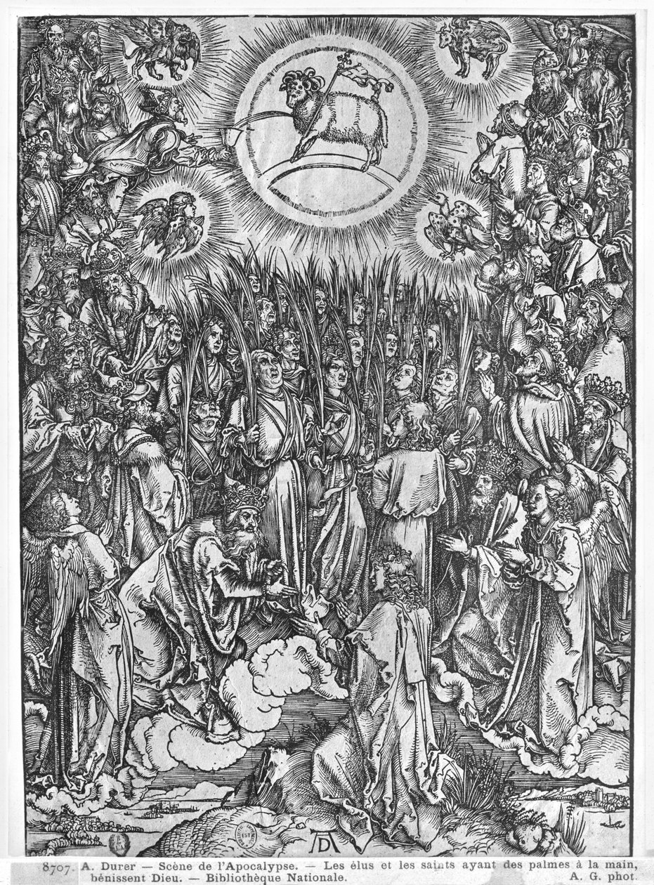 Szene aus der Apokalypse, Anbetung des Lammes, deutsche Ausgabe, 1498 von Albrecht Dürer