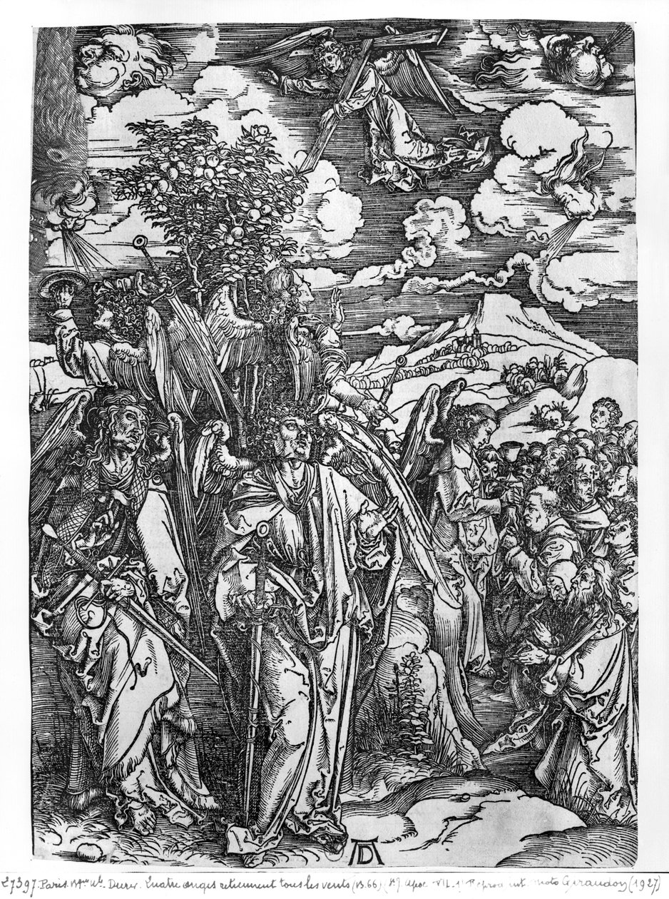 Szene aus der Apokalypse, Die vier Engel halten die Winde, lateinische Ausgabe, 1511 von Albrecht Dürer