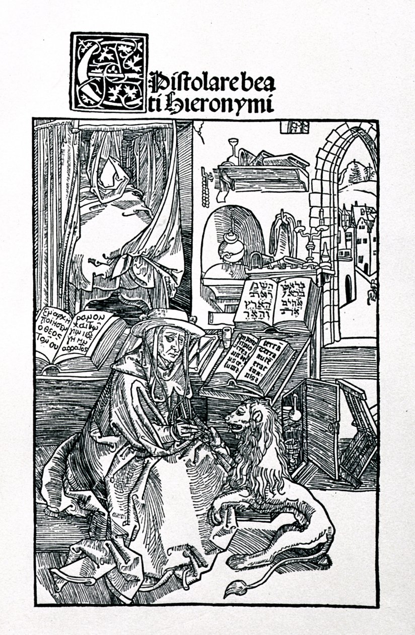 St. Hieronymus in seinem Studierzimmer, wie er einem Löwen einen Dorn aus der Pfote zieht, Frontispiz zu einer Sammlung von St. Hieronymus