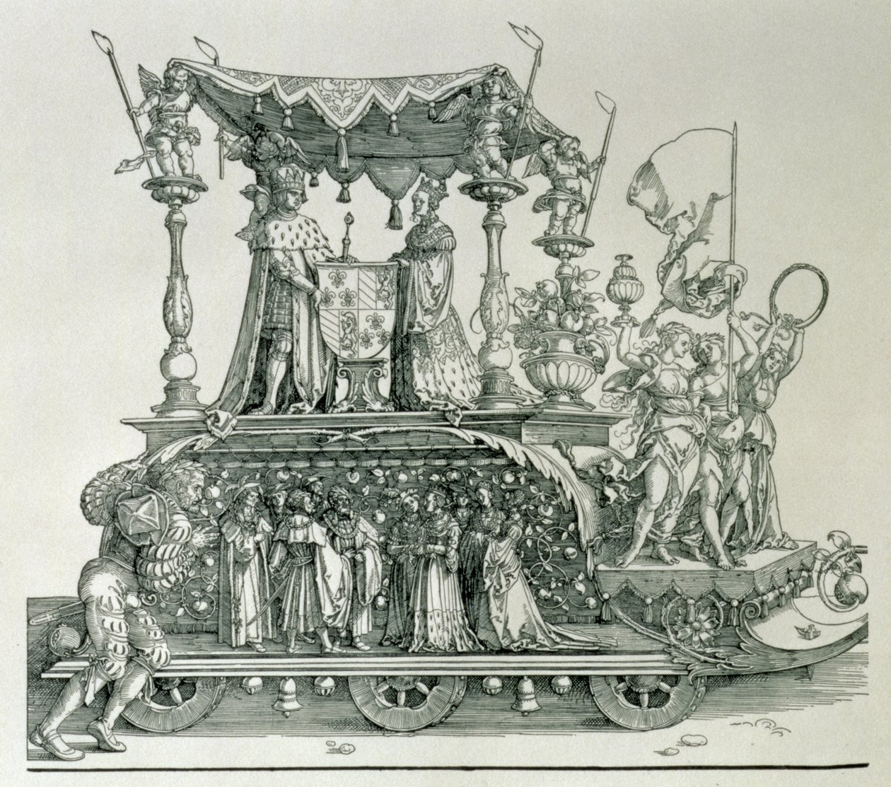 Die burgundische Hochzeit oder der Triumphzug von Kaiser Maximilian I. von Deutschland (1459-1519) zeigt den Hochzeitswagen von Maximilian und Maria von Burgund (1458-82), gesteuert von der Figur Vic von Albrecht Dürer