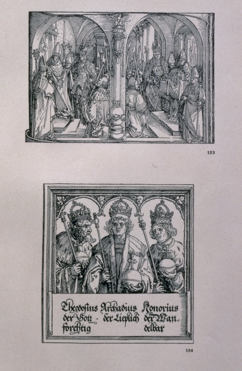 Der Triumphbogen von Kaiser Maximilian I. (1459-1519): Detail mit zwei Tafeln, (oben) ein Ereignis im Leben von Maximilian und (unten) der römische Kaiser Theodosius I., der Große (ca. 346-395) von Albrecht Dürer