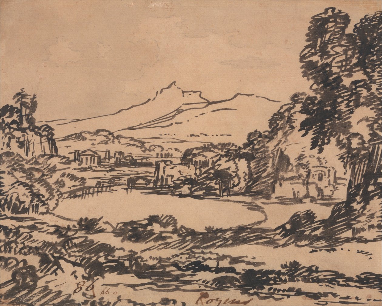 Landschaft mit einem See und fernen Bergen von Alexander Cozens