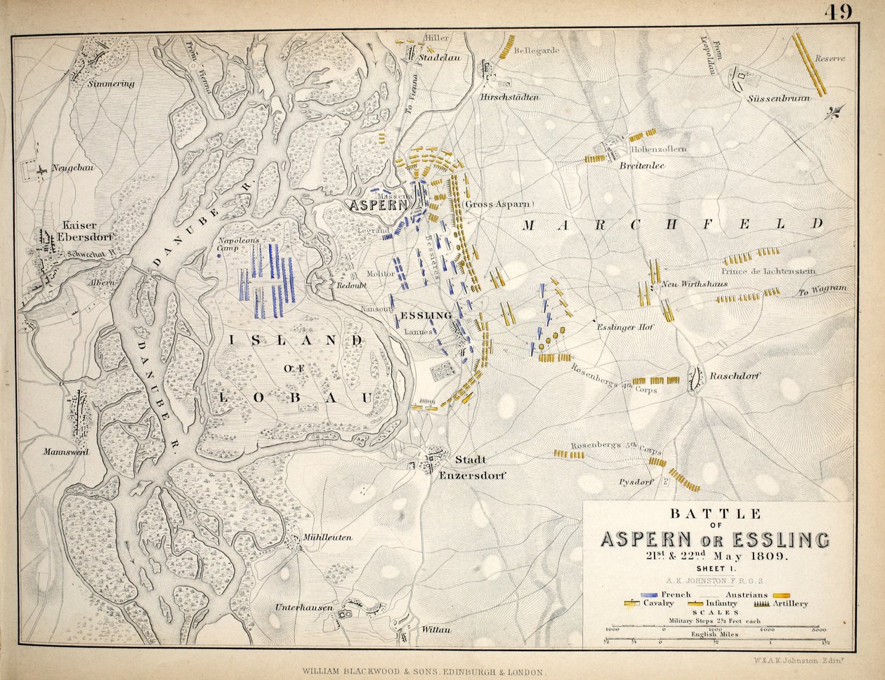 Karte der Schlacht von Aspern oder Essling, veröffentlicht von William Blackwood and Sons, Edinburgh und London, 1848 von Alexander Keith Johnston