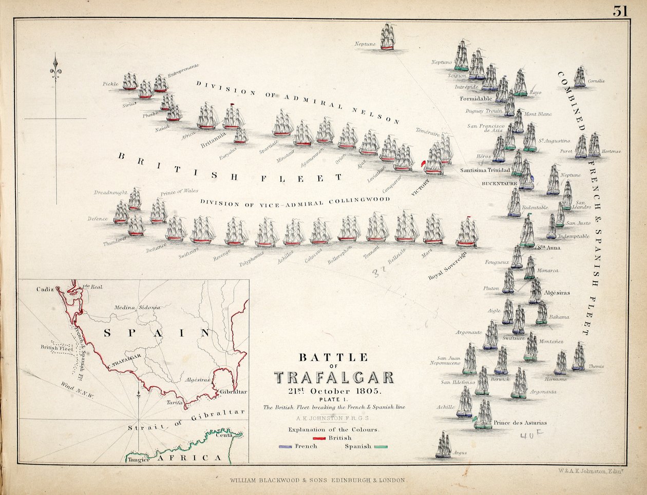 Karte der Schlacht von Trafalgar, veröffentlicht von William Blackwood and Sons, Edinburgh und London, 1848 von Alexander Keith Johnston