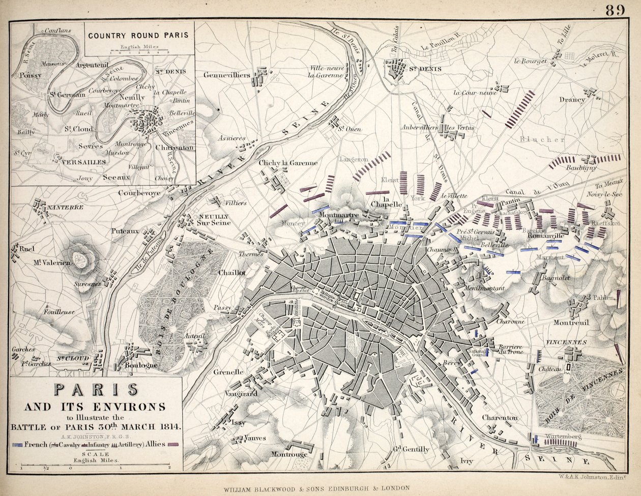 Paris und seine Umgebung, zur Veranschaulichung der Schlacht von Paris, 30. März 1814, veröffentlicht um 1830 von Alexander Keith Johnston