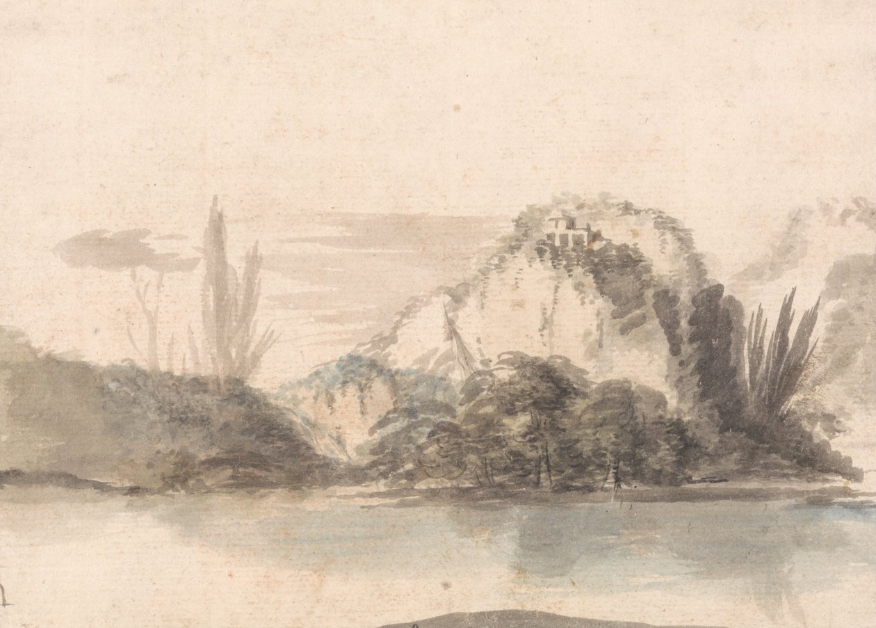 Ein Tempel auf einem felsigen Vorsprung über einem See von Alexander Runciman