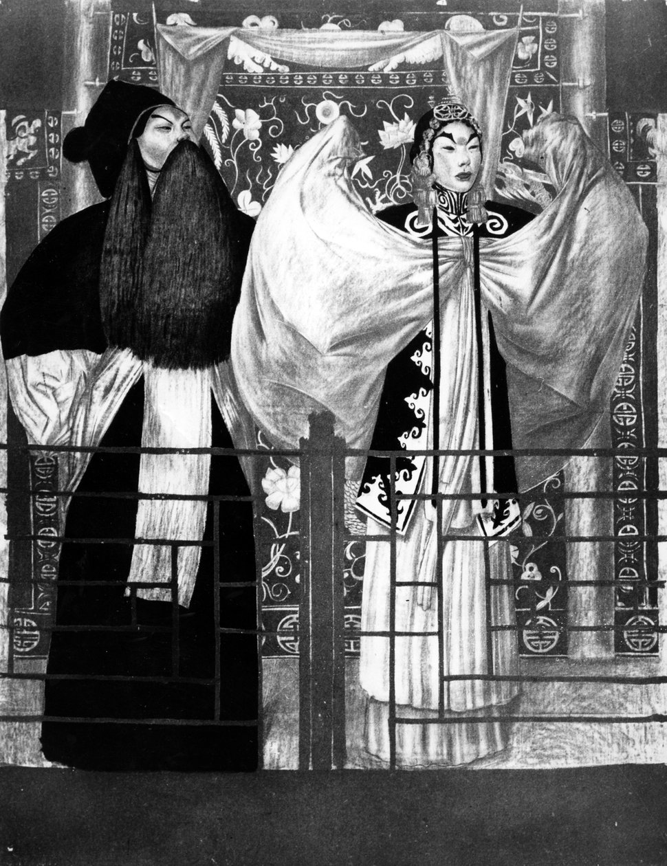 Szene aus dem Stück Nan tien men, Illustration aus Le Théâtre Chinois von Tchou-Kia-Kien, veröffentlicht in Paris 1922 von Alexandre Jacovleff