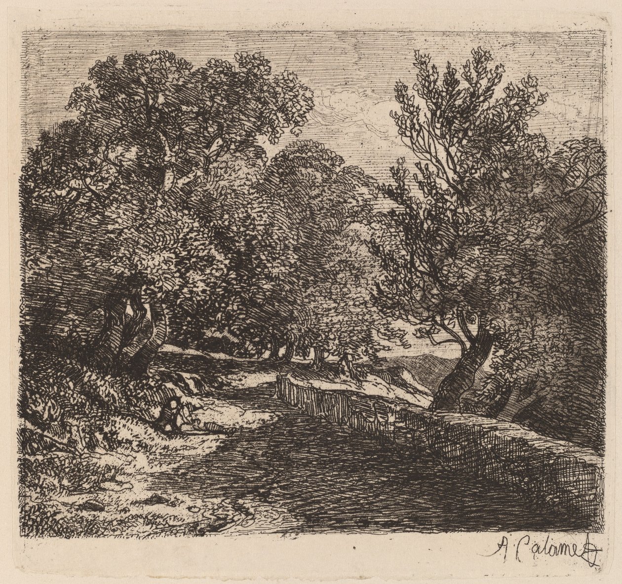 Mann, der sich an einer Steinmauer ausruht von Alexandre Calame