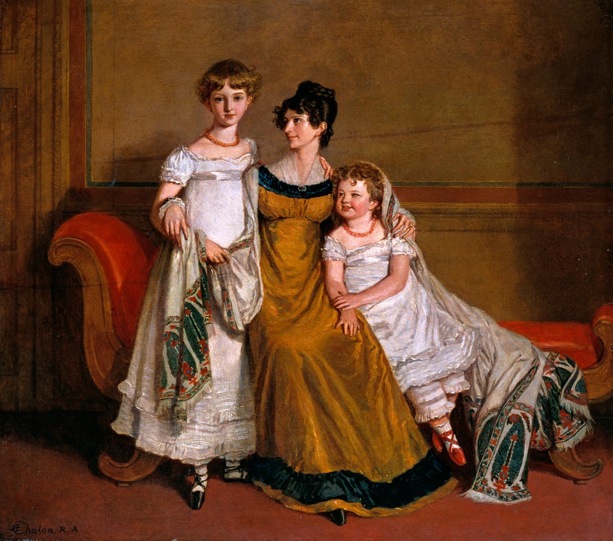 Porträt einer Frau mit zwei Kindern in einem häuslichen Interieur, ca. 1815 von Alfred Edward Chalon