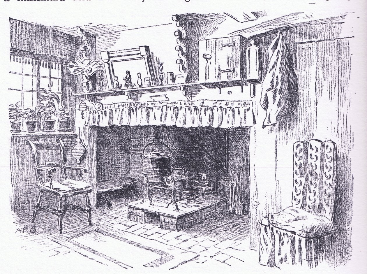 Innenraum eines Cottages in Surrey, aus The Cottages and the Village Life of Rural England, veröffentlicht von Dent & Sons Limited, 1912 von Alfred Robert Quinton