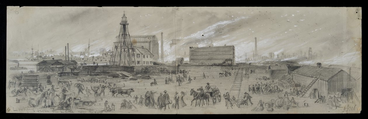 Blick vom Michigansee in der Nähe des Chicago River während des Chicagoer Feuers von 1871 von Alfred Rudolph Waud