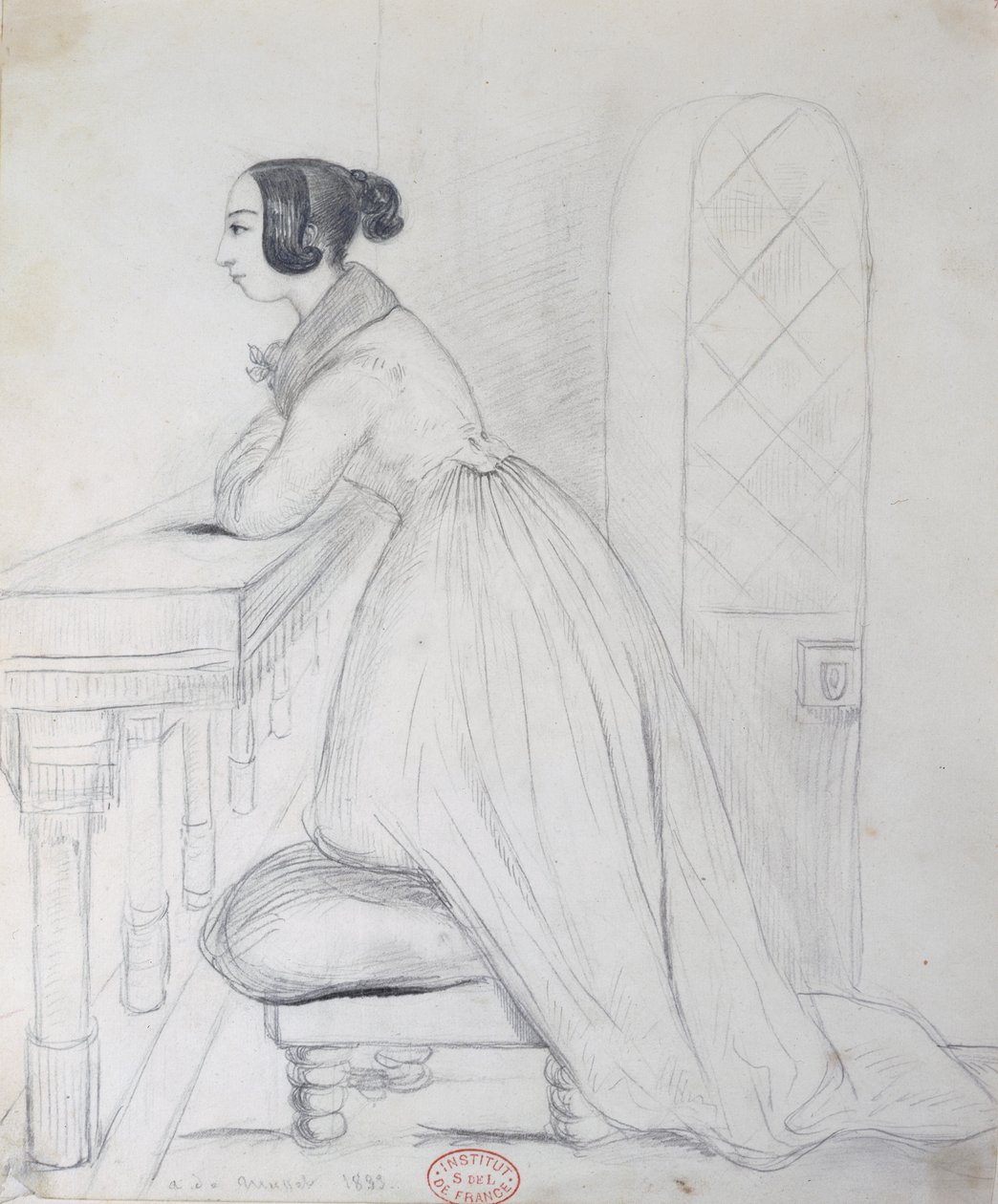 George Sand (1804-76) kniend auf einem Pouf und mit den Ellbogen auf einem Geländer, 1833 von Alfred de Musset
