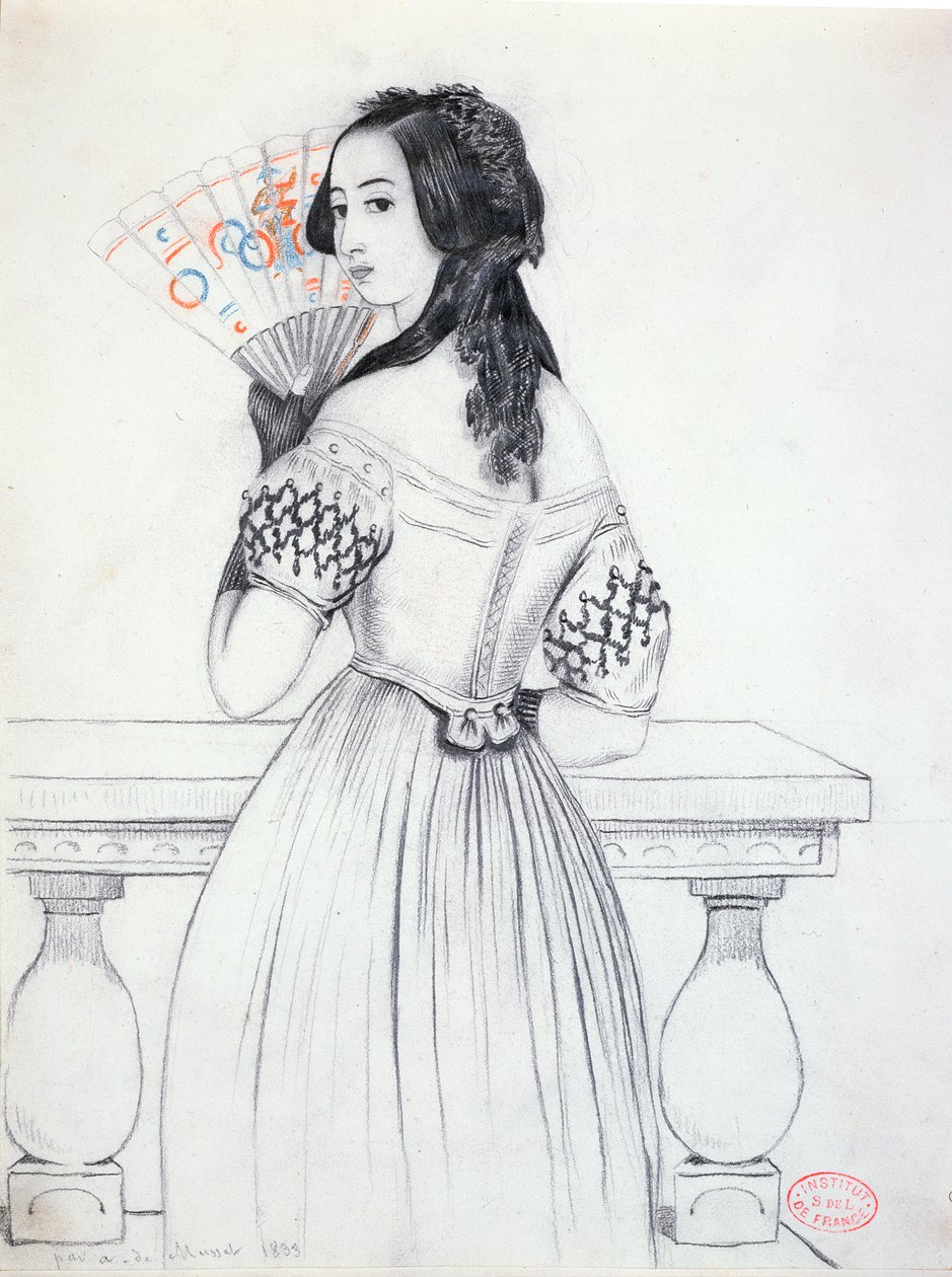George Sand (1804-76) mit einem Fächer, 1833 von Alfred de Musset
