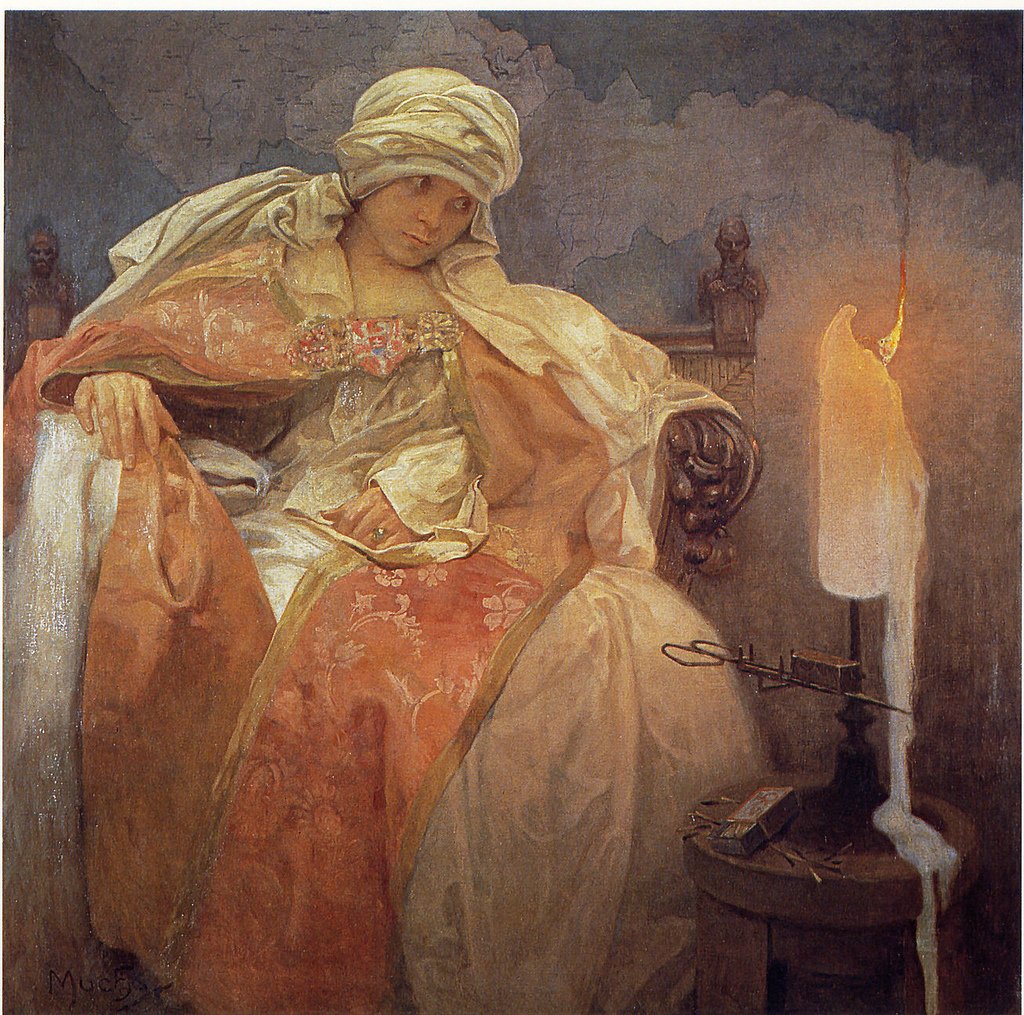 Frau mit brennender Kerze von Alphonse Mucha