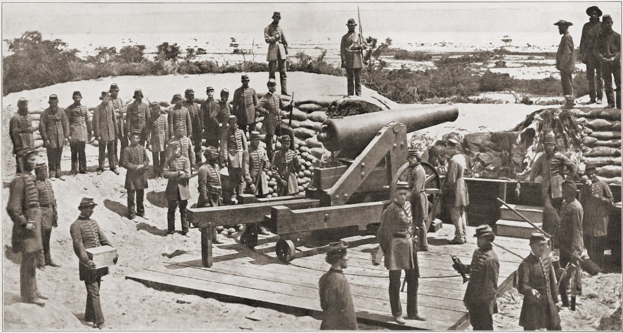Konföderierte 32-Pfünder-Kanone und Milizschützen mit Blick auf den Eingang zur Pensacola-Bucht, Florida, vor dem Amerikanischen Bürgerkrieg, März 1861 von American Photographer
