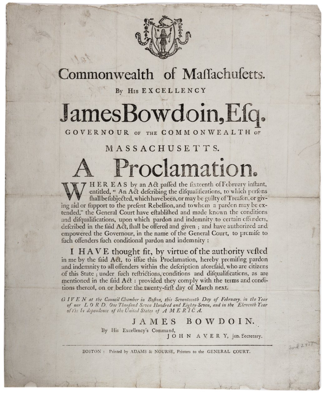 Eine Proklamation: Amnestieangebot an Shayss Rebellen, 17. Februar 1787 von American School