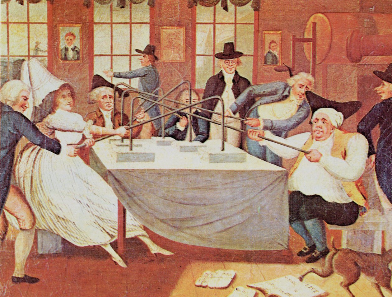 Benjamin Franklins Experimente mit Elektrizität (in ein Gesellschaftsspiel des 18. Jahrhunderts verwandelt) von American School