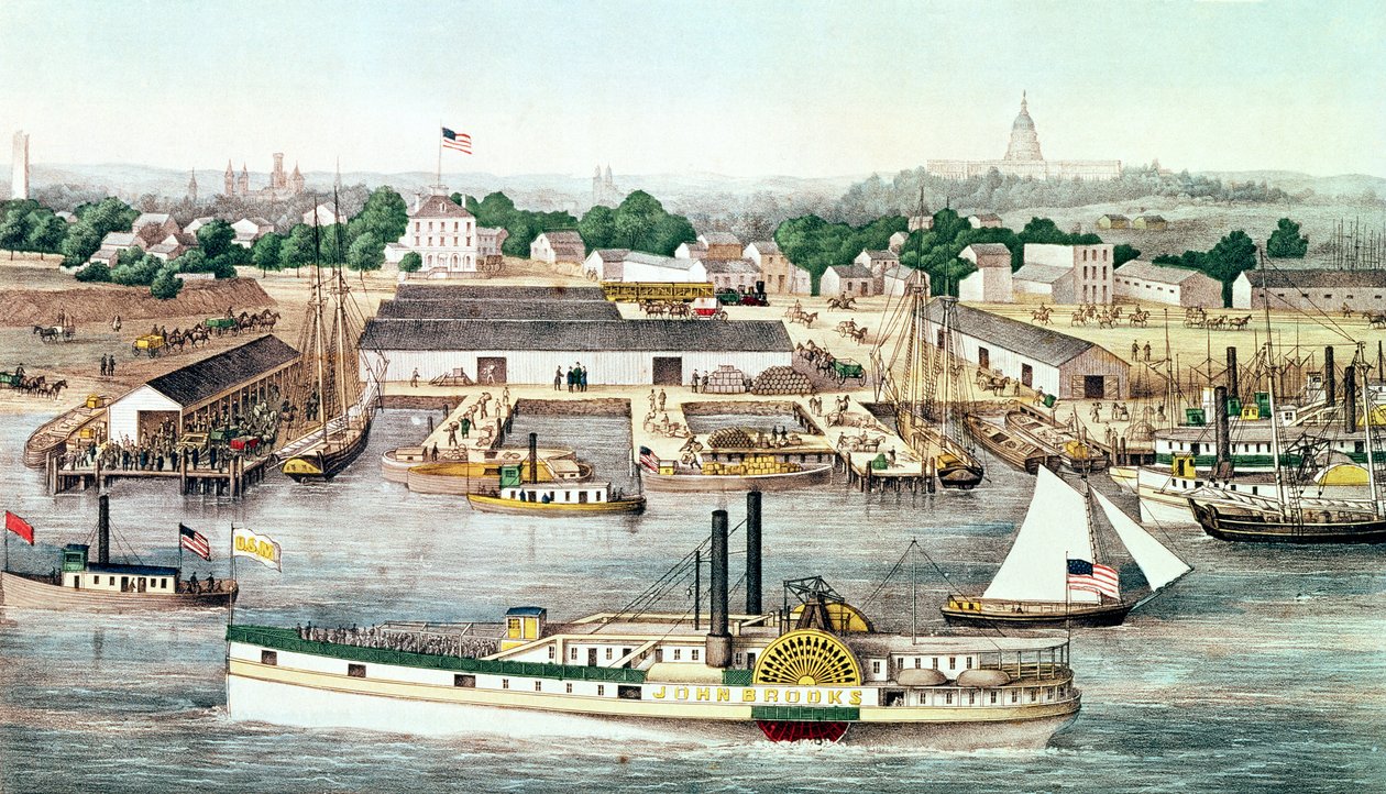 Vogelperspektive des Sixth Street Wharf, Washington D.C, veröffentlicht von Charles Magnus, 1863 von American School