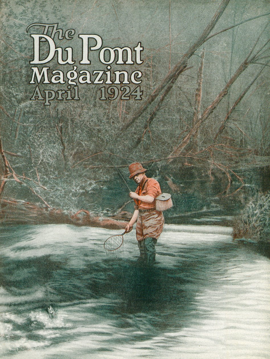 Fliegenfischen, Titelseite des DuPont Magazins, April 1924 von American School