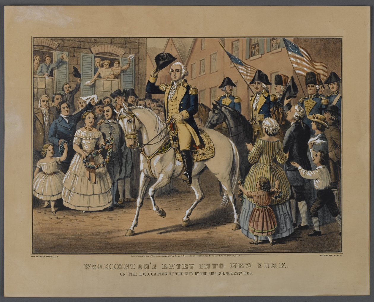 Washingtons Einzug in New York, veröffentlicht von Currier & Ives, New York, 1857 von American School