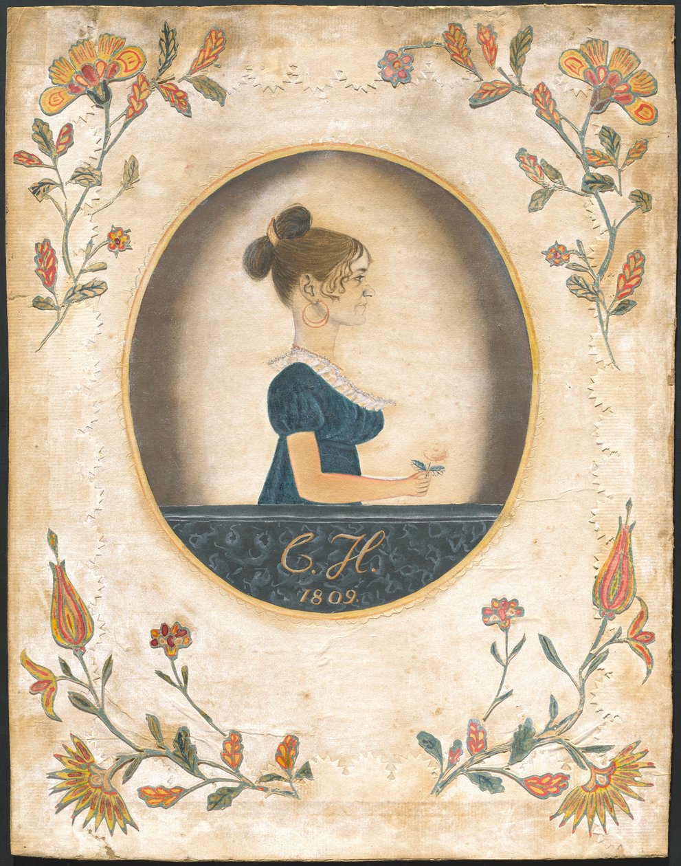 Frau, die eine Rose hält von American 19th Century
