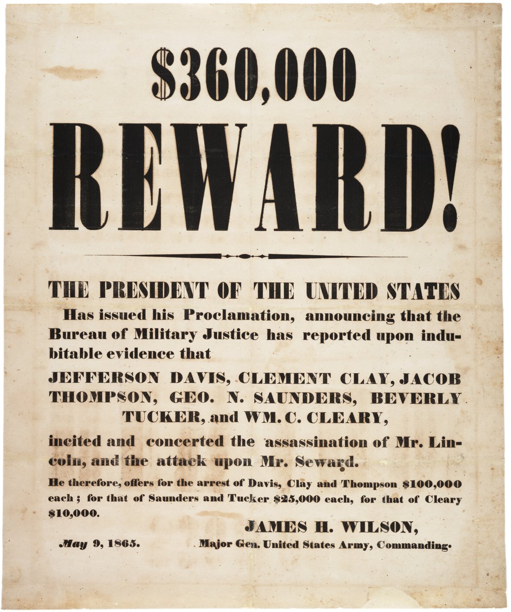 Belohnung für die Ermordung Lincolns, 9. Mai 1865 von American School