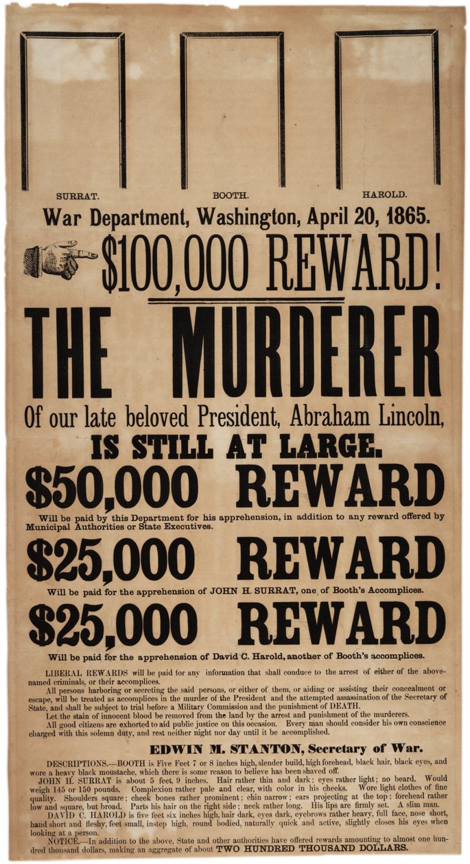 Lincoln Attentatsbelohnungsplakat, 20. April 1865 von American School